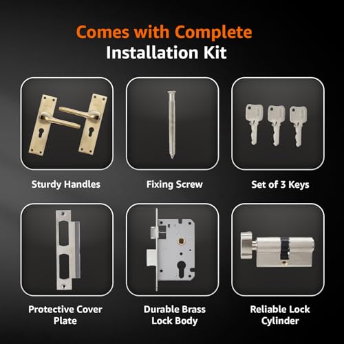 Image of Amazon Basics Heavy-Duty Door Lock Set | Mortise Door Lock Handlesets with 3 Brass Key for Home,Office,Hotel | Brass Lock Body & Cylinder | Golden