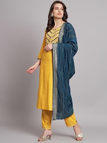 Image of VredeVogel Women Cotton Slub Straight Kurta Set With Pant and Net Embroidery Dupatta