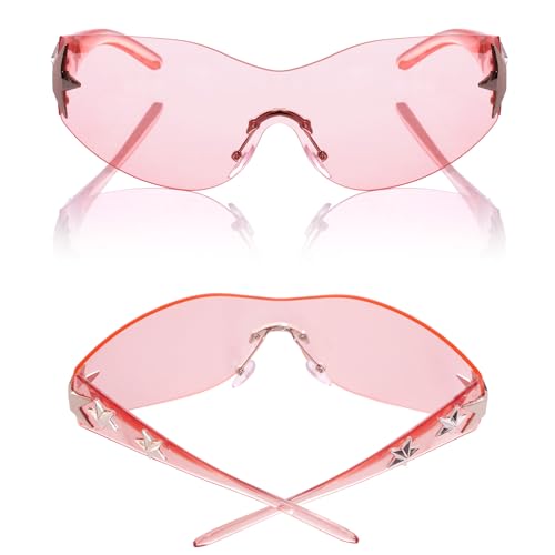 Nydotd 3 Pairs Y2K Sunglasses for Women Men, Rimless Star Trendy Wrap Around Frameless Sun Glasses 2000S Shield for Outdoor4