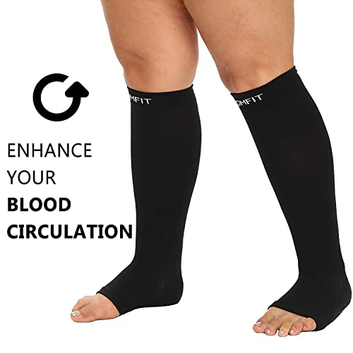 Image of 4XL Plus Size Wide Calf Open Toe Compression Socks, Women, Men, Toeless, Comfy Soothing Support, Circulation, Pain, DVT, Varicose Veins - 20-30mmHg