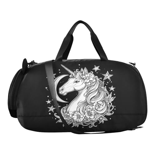 Unicorn Moon Stars Black Kids Travel Duffel Bag for Boys Girls Overnight Weekend Tote Bag with Shoes Compartment for Gym Sports Dance2