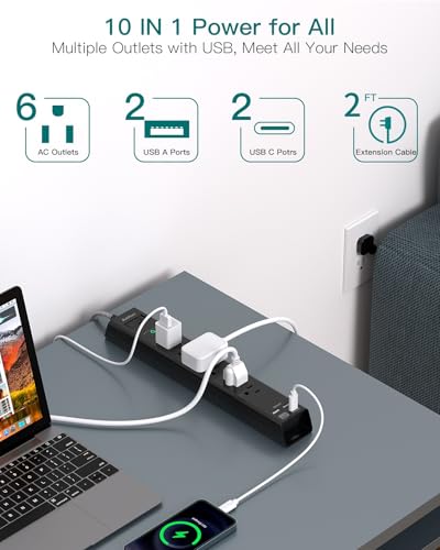Short Extension Cord 2ft - Addtam Surge Protector Power Strip with 6 AC Outlets 4 USB (2 USB-C Ports), Flat Plug, 900J, Wall Mount, Outlet Extender for Home Office Dorm Room Essentials - Thumbnail 2