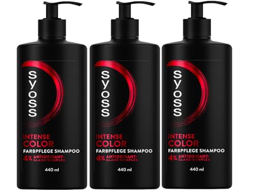 SYOSS Shampoo Intense Color Farbpflege Shampoo (3x 440 ml), Haarshampoo für colorierte, gesträhnte und gefärbte Haare, gibt bis zu 12 Wochen Farbschutz, Formel mit 4% Antioxidant-Glanz-Komplex