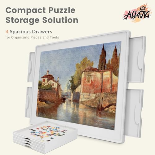 Image of ALL4JIG 1500 Pieces Rotating Lightweight Plastic Puzzle Board with 4 Drawers and Cover, 360 Lazy Susan Design, 25.59 inchx34.25 inch Portable Spinning Puzzle Table for Adults, Surface for Lego Building