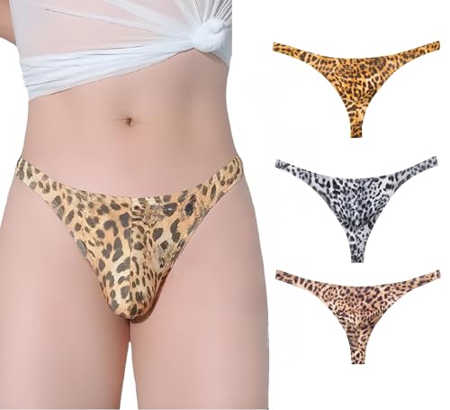 Men's Leopard Print Thong U Drum Bag Sexy Gold/Black/Skin 3 Pack