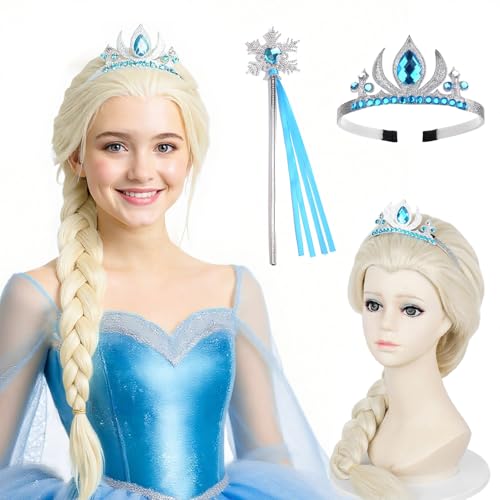 Princesse Dress Up Accessoires Filles, Perruque Raiponce, Couronne de Diadème et Baguette de Fée, Perruque Blonde Longue Tresse, pour Enfant Cosplay Carnaval...