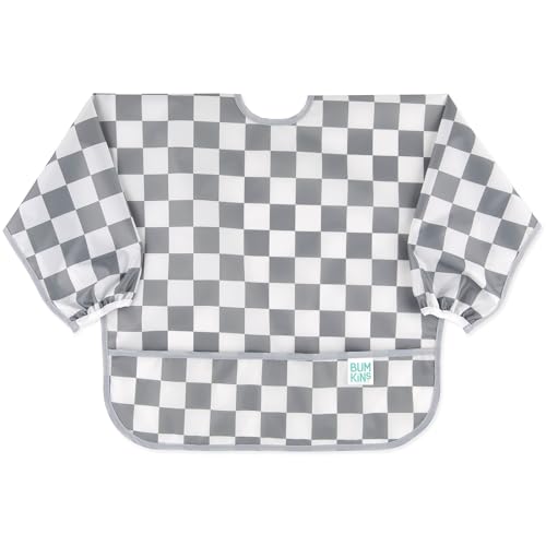Image of Bumkins Sleeved Bib for Girl or Boy, Baby and Toddler for 6-24 Mos, Essential Must Have for Eating, Feeding, Baby-Led Weaning Supplies, Long Sleeve Mess Saving Food Catcher, Fabric, Gray Check