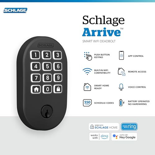 Image of Schlage Arrive Smart WiFi Deadbolt Lock with Camelot Trim, Matte Black | Keyless entry door lock, Push button keypad, Built-in app control, Alexa, Google Home & Ring compatible, Certified security