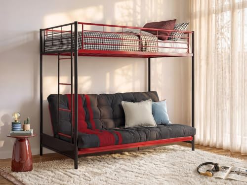 Vente-unique - Lit Mezzanine 90 x 190 cm - avec Banquette Convertible - Métal - Noir et Rouge + Futon - MODULO V - pour Enfant