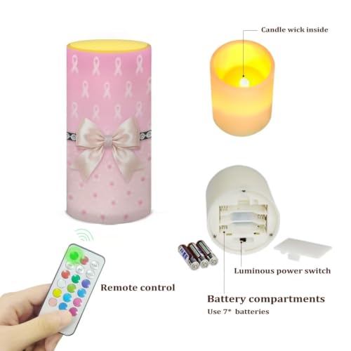Image of Poceacles Flameless Candle Battery Powered with Remote Control Breast Cancer Awareness LED Night Lights Pillar Candle Tealights Home Indoor Decor, Pink Ribbon Bow Cherry Blossom Print