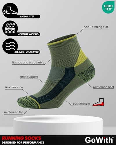 Image of GoWith 2-3 Pairs Quarter Running Socks for Men & Women, Athletic Anti-Blister Cushioned Seamless Padded Ankle Socks