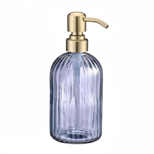 Image of 16 OZ Blue Grey Striped Glass Soap Dispenser with Brushed Gold Pump