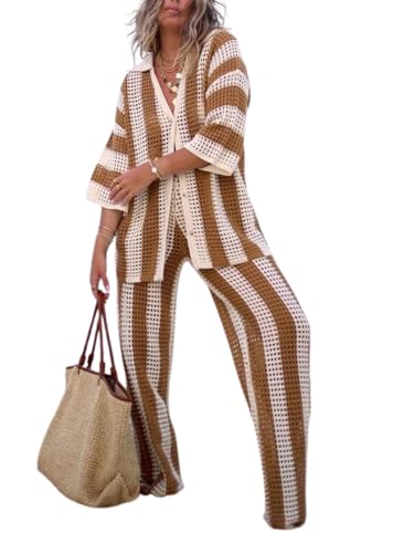 NIFTRIRY Women Cover Up Sets Button Up Tops with Pants Crochet Set Outfit 2 Piece Outfits Vacation Outfits