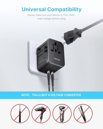 Universal Travel Adapter, VINTAR International Power Adapter with 6A 3 USB C and 2 USB Ports, All in One Travel Essentials Plug Adapter, Worldwide Outlet Converter for Europe UK USA AUS(Type C/G/A/I) 6