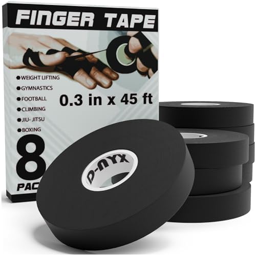 8 Pack Finger Tape Athletic Sports Wrap 0.3” x 45 Feet for Rock Climbing BJJ Jiu Jitsu MMA Grappling Martial Arts Volleyball Weight Training Wrestling Hand Tape Black