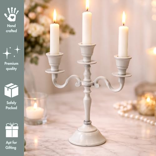 Image of Aluminum 3-Arm 8inch Ivory Candelabra for Dining Table | Vintage Candle Stand for Romantic Dinner, Home & Wedding Decor
