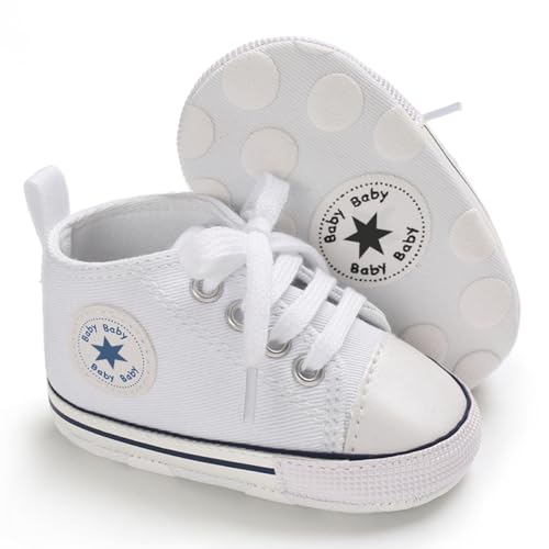 KKIIDDSS Unisex Baby Girls Boys Canvas High-top Shoes, Newborn Infant Anti-Slip Soft Sole Frist Walking Sneakers (A01/White,0-6 Months