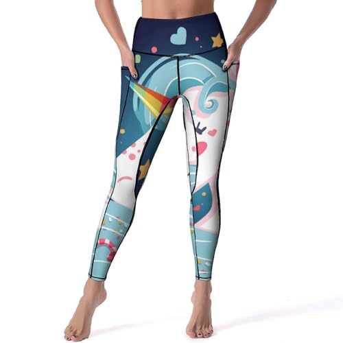 Legging femmes pantalon de sport yoga taille haute gym bleu motif licorne S
