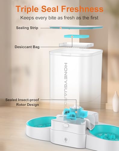 HoneyGuaridan 5L Automatic Cat Feeder for Two Cats, 2.4G WiFi Enabled Smart Feed Pet Feeder with Slow Feeder Bowl,APP Control Dispenser, Dual Power Supply,Desiccant Bag,10s Meal Call White - Thumbnail 4