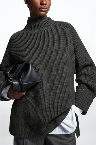 Womens Casual Standard Style High-Neck Shoulder Sleeve Sweater Loose Fitting Mock Neck Long Sleeve Pullover Knit Top2