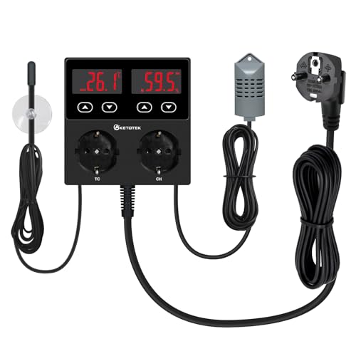 KETOTEK Prise Thermostat Hygrostat Numérique, Contrôleur de Température et d'humidité Prise Hygrostat avec Sonde, Régulateur Humidité Prise 220V pour...