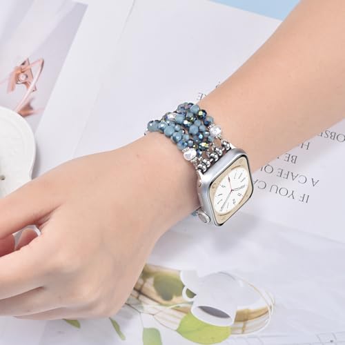 Image of MOFREE Beaded Bracelet Compatible for Apple Watch Band 45mm /44mm /42mm Women, Fashion Handmade Pearl Beads Elastic Stretch Strap for iWatch Series 10 /9 /8 /7 /SE /6 /5 /4 /3 /2 /1 Bue