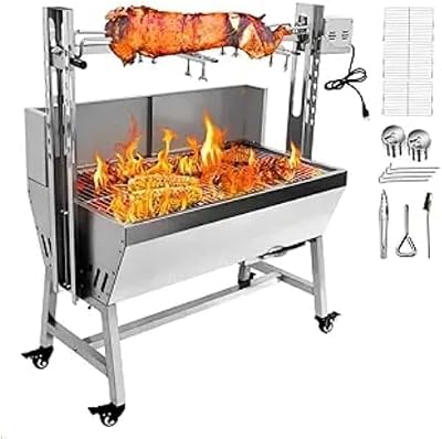 ElfinAura 52" Stainless Steel Rotisserie Grill - Heavy Duty 200LBS Capacity Electric BBQ Spit Roaster w/ 50W Motor, with Windscreen Electric Adjustable Height & Lockable Wheels for Whole Pig, Lamb.