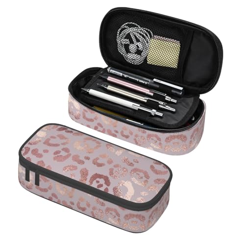 Image of Leopard Print Rose Gold Pencil Case Big Capacity Storage Pencil Pouch Stationery Bags With Zipper Portable Pen Holder Box Organizer For Boys Student College School Office Supplies