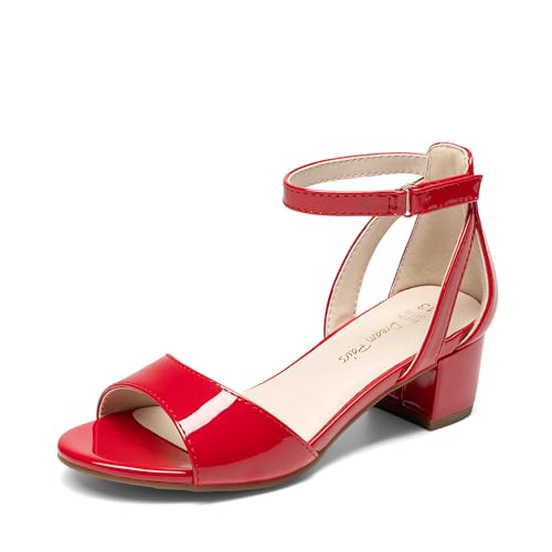 DREAM PAIRS Girls Sandals Chunky Pump Ankle Strap High Heels Dress Open Toe Flower Wedding Party for Little Big Kid 12 Little Kid Red