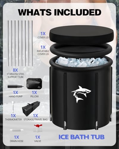Lambluefly Eisbaden Tonne mit Kühlsystem (80 cm Ø) XL, Eistonne Eisbaden mit 8 Edelstahlstangen, Sporttasche/Thermometer/Hitzeschild/Staubabdeckung - Komplettset, Eisfass Eisbaden für Kryotherapie