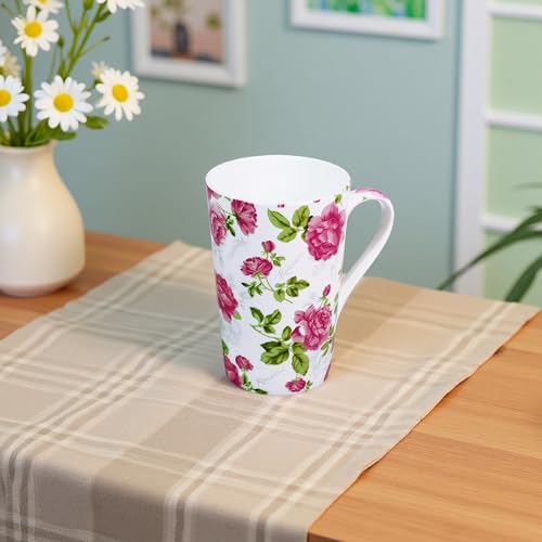 Taza alta de café Bone China floral 14 oz blanca-rosada miniatura 6