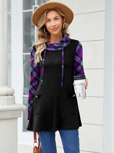 Bulotus Fall Sweaters for Women 2025 Cowl Neck Asymmetrical Long Tunics for Leggings Vacation Travel Tops with Pockets