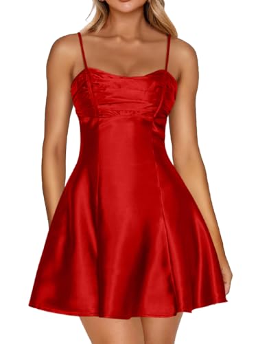 Image of LAGSHIAN Women's Summer Satin Spaghetti Strap A-line Mini Dresses Bodycon Sleeveless Silky Night Out Short Dress