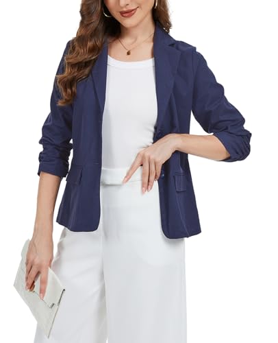 Women's Linen Blazer Jacket 2025 Lightweight Button Lapel Casual 3/4 Ruched Sleeves Work Office Summer Jackets3