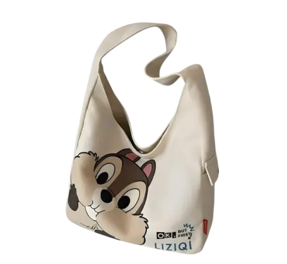Canvas Tote Bag for Women, Beige Cartoon Squirrel Print Shoulder Bag, Casual Hobo Style Handbag