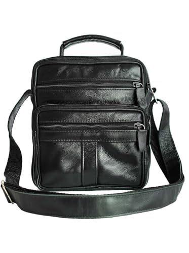 Bolsa de couro legitimo transversal masculina e feminina, media, anti furto (Preta)