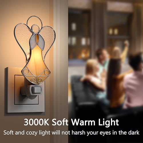 Image of Stained Glass Guardian Angel Night Lights Plug in,Yellow Color | Silver Chrome Stained Glass Night Lights Plug into Wall,Nightlights for Bedroom Kitchen,Gifts for Mom Birthday Christmas