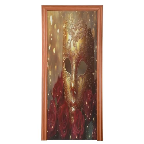 FLildon Rose Golden Mask Mardi Gras Pattern Door Cover Decoration, Party Accessory Porch Decor for Festive Ornament Room Door Covers 35 x 79 Inch