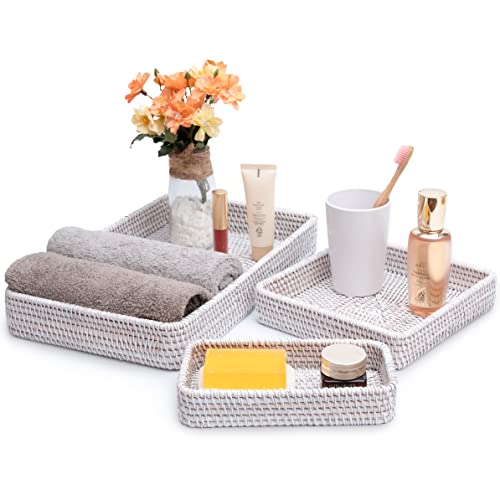 CELEZAR Weidenkörbe Tabletts Rattan Serviertablett rechteckig Kosmetikkorb Set von 3 für Badezimmer gewebte Aufbewahrung und Organizer für Küche (weiß waschen) Cover