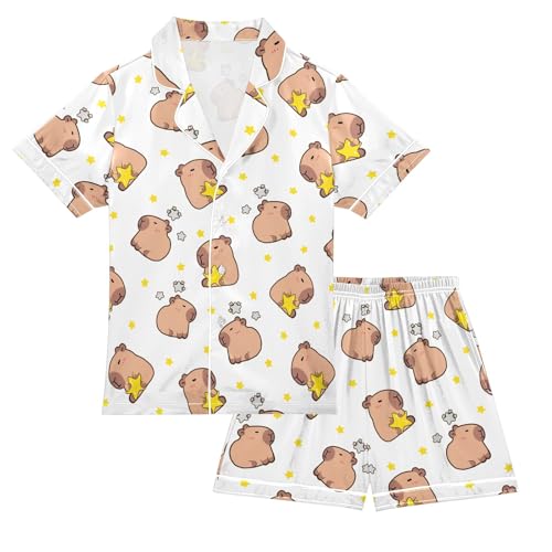 Capybara with Stars Blue Pattern Summer Satin Pajama Set, Cute Button-Down Sleepwear Pj Set for Sleep Wears