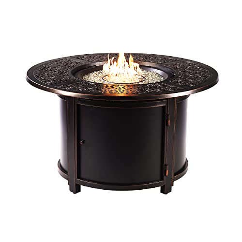 Image of Aluminum 57,0000 BTU 44 in. Round Propane Black Fire Pit Table with Fire Beads, Lid, Propane Tank Cover and Table Fabric Covers in Copper Finish
