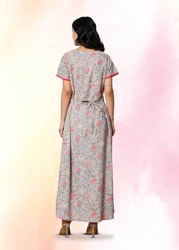 Image of NIHSAMAH Cotton Night Gown for Women - Angrakha Style Nighty, Comfortable Sleepwear /Nightwear /Maxi