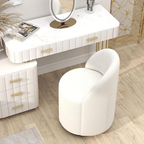 Image of HNY Upholstered Kitchen & Dining Room Barrel Chair, Mid Century Modern Round Velvet Dining Chair, 360 Degree Swivel Comfy Armless Accent Makeup Vanity Side Chair for Bedroom Living Room, White