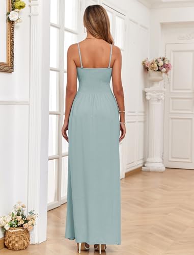 Image of Women Detachable Strap Beach Dress Strapless Smocked Pockets Maxi Dress | Removable Straps Flowy Swing A Line Maxi Beach Dress Boho Vacation Casual Smocked Strapless Beach Wedding Guest Sundress