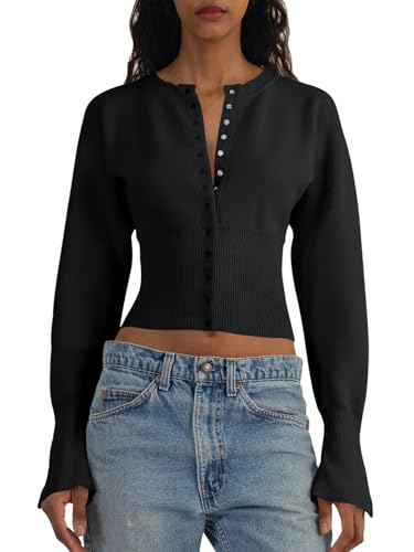 Image of Saodimallsu Womens Cropped Sweaters Cardigan | Button Down,Long Sleeve,V Neck,Ribbed Knit,Slim Fit ,Pullover Crop Tops