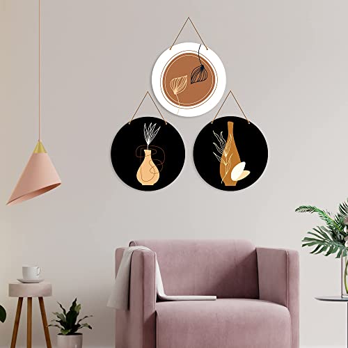 Image of Artvibes Contemporary Abstract Line Art Round Wooden Wall Hanger for Home Decor | Modern Wall Art Paintings | Wall Poster | Handcrafted Art | Artworks Hangings | Ideal Gifts (WH 4208N), Set of 3