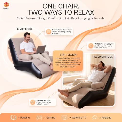Image of Hexon Cultbuzz Inflatable Sofa Chair, PVC Flocking Lazy Recliner Air Sofa, Foldable 2-in-1 Lounge Bed with Armrests and Air Pump, Portable Indoor Outdoor Chair for Home Camping, Brown
