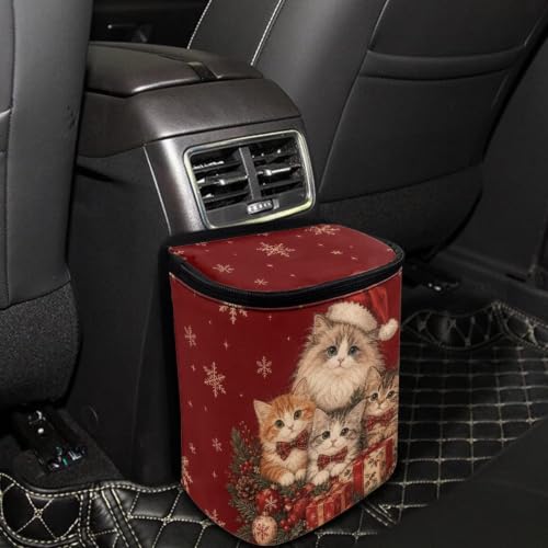 Image of Talayituse Christmas Cats Gift Print Car Trash Can Portable Auto Garbage Bin Multifunctional Vehicle Interior Accessories with Adjustable Straps Universal Fit Truck SUV Sedan Christmas Decor