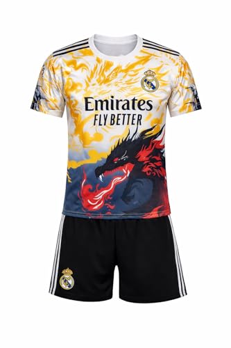 Image of Real Madrd New Season Dragon Print Kids Football Jersey Set | T-Shirt & Shorts for Boys | Sportswear for Football Playing & Fan Wear | Yellow Red