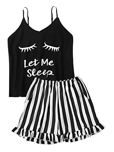 Image of Women's Graphic Striped Print Cami Top and Shorts Set Pj Set Sleepwear